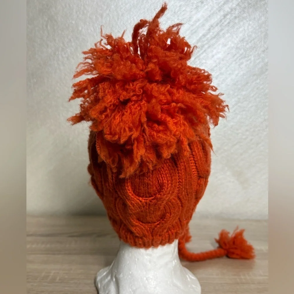 VTG Banana Republic Unisex Orange Sift Wool Chunky Cable Knit EarflapsBeanie Hat